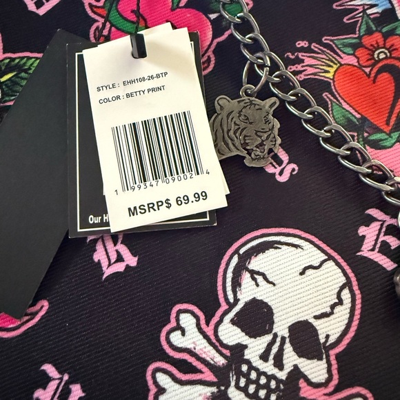 ED HARDY ICONIC TATTOOS TOTE W CHARM CHAIN Skulls Hearts Roses Vegan - Picture 5 of 16
